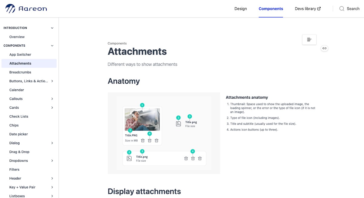 Aareon Design System, Attachments component documentation page with anatomy diagram and sidebar