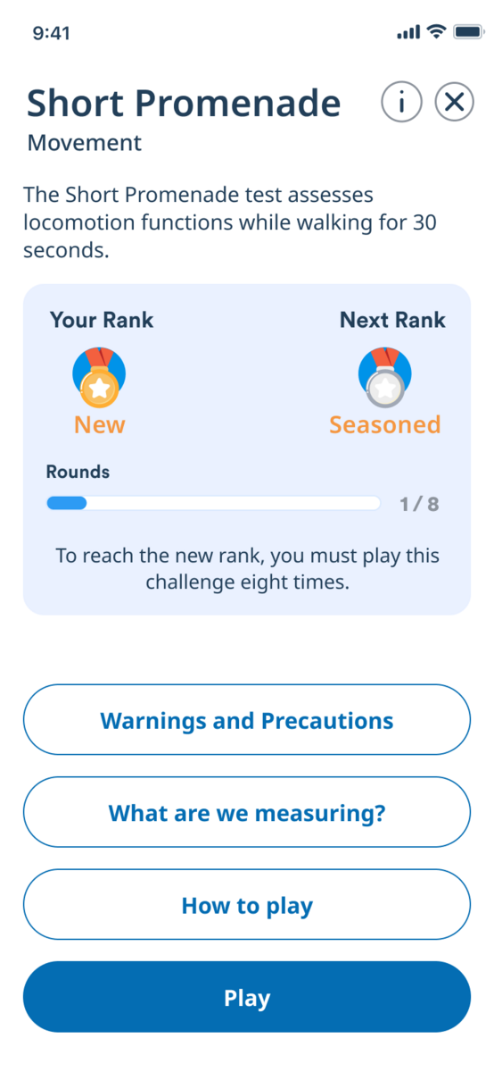 Short Promenade challenge screen showing the current rank New, the next rank Seasoned, a rounds bar at 1 of 8, and buttons for Warnings and Precautions, What are we measuring?, How to play and Play