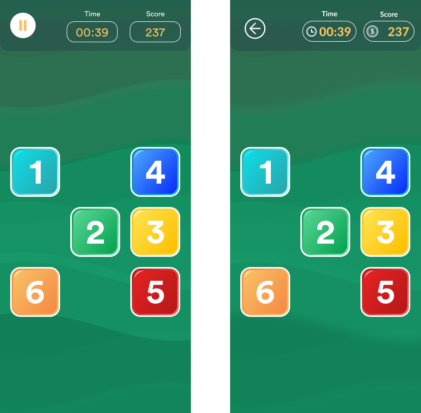 Healios, numbered tile reaction game with timer and score, comparing two UI iterations