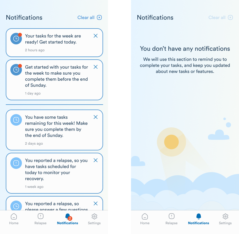 Healios, notifications screen showing weekly task reminders next to the empty-state illustration
