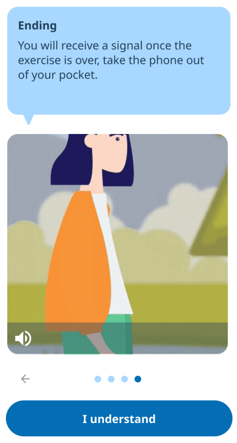 Healios, onboarding screen explaining the phone-in-pocket walking exercise