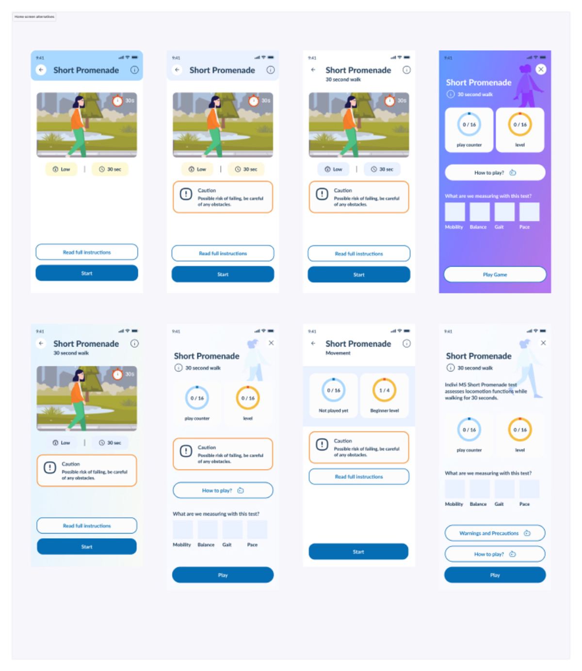 Eight layout explorations of the Short Promenade challenge screen, varying the illustration, the caution message, the progress counters and the buttons