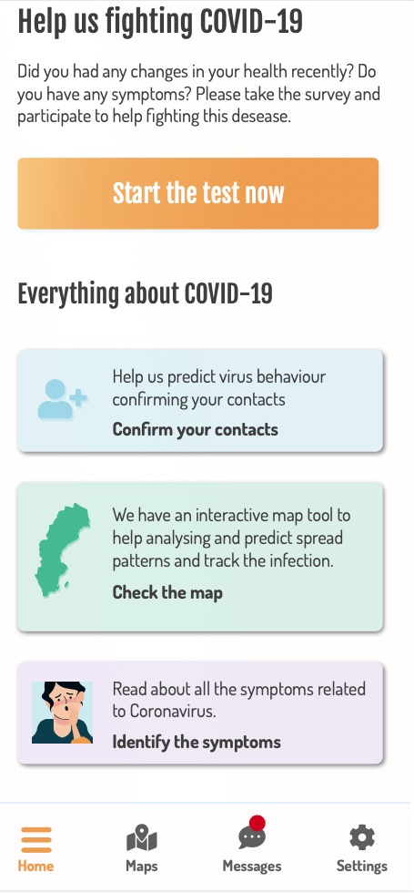 Pandemic Tool, home screen with the self-assessment test CTA and symptom, map, and contact-tracing cards