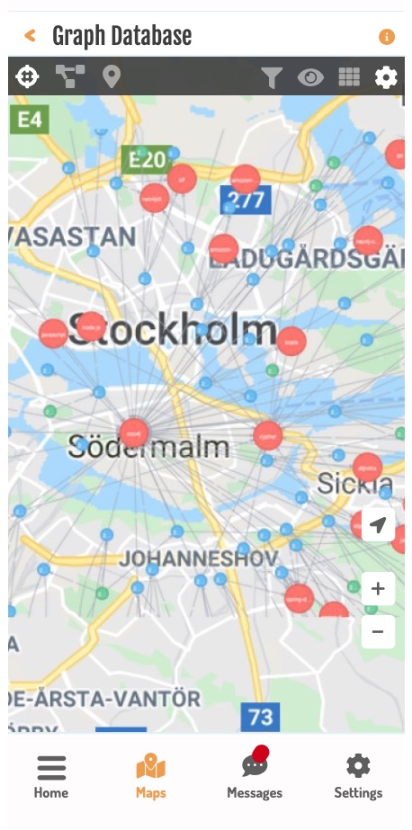 Pandemic Tool, graph database map of Stockholm showing infection-tracing location clusters