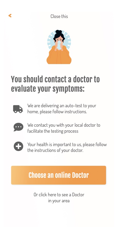 Pandemic Tool, self-test result screen recommending doctor contact with next-step instructions