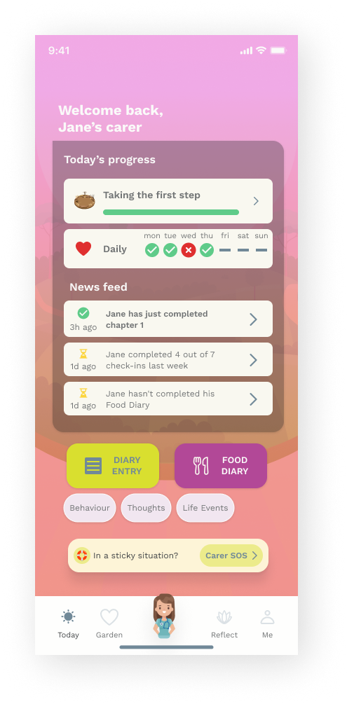 Univa Health, carer app home screen with daily check-in streak, patient activity feed, and Carer SOS button