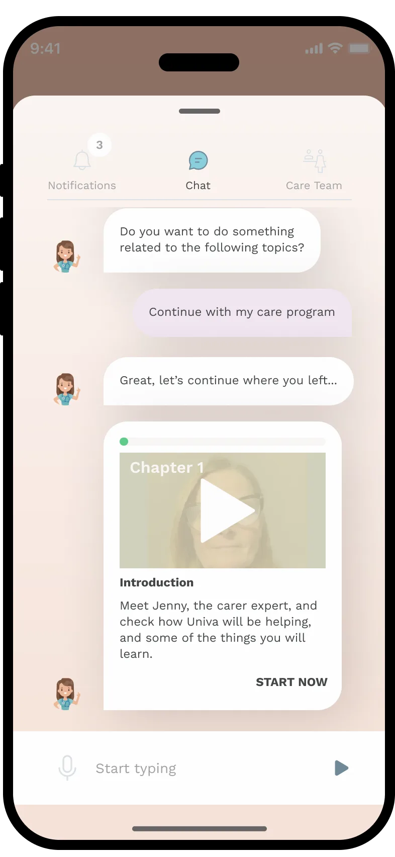 Univa Health, in app chat screen with notifications, chat, and care team tabs, and a chapter video card surfaced in conversation