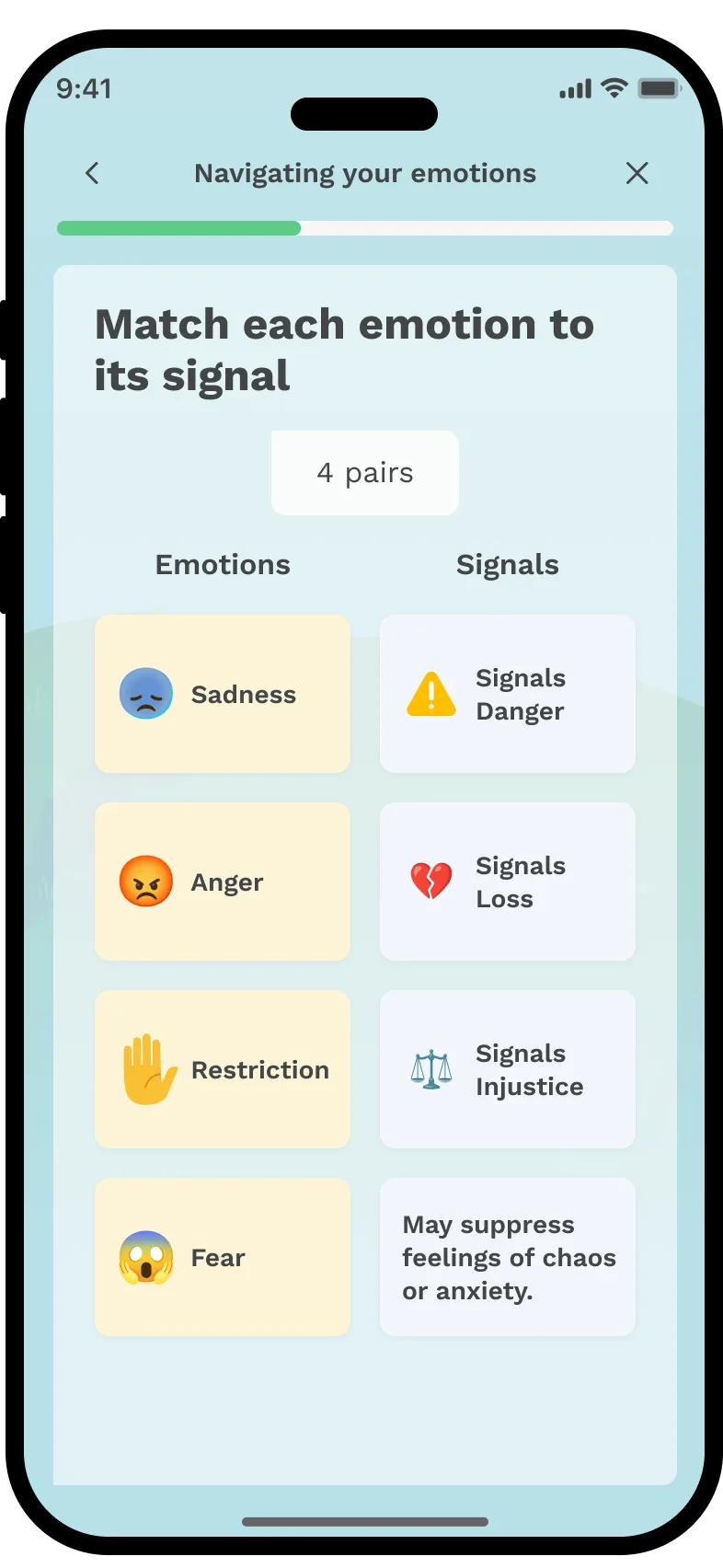 Univa Health, chapter lesson screen, Navigating your emotions, drag and match interaction pairing emotions to signals