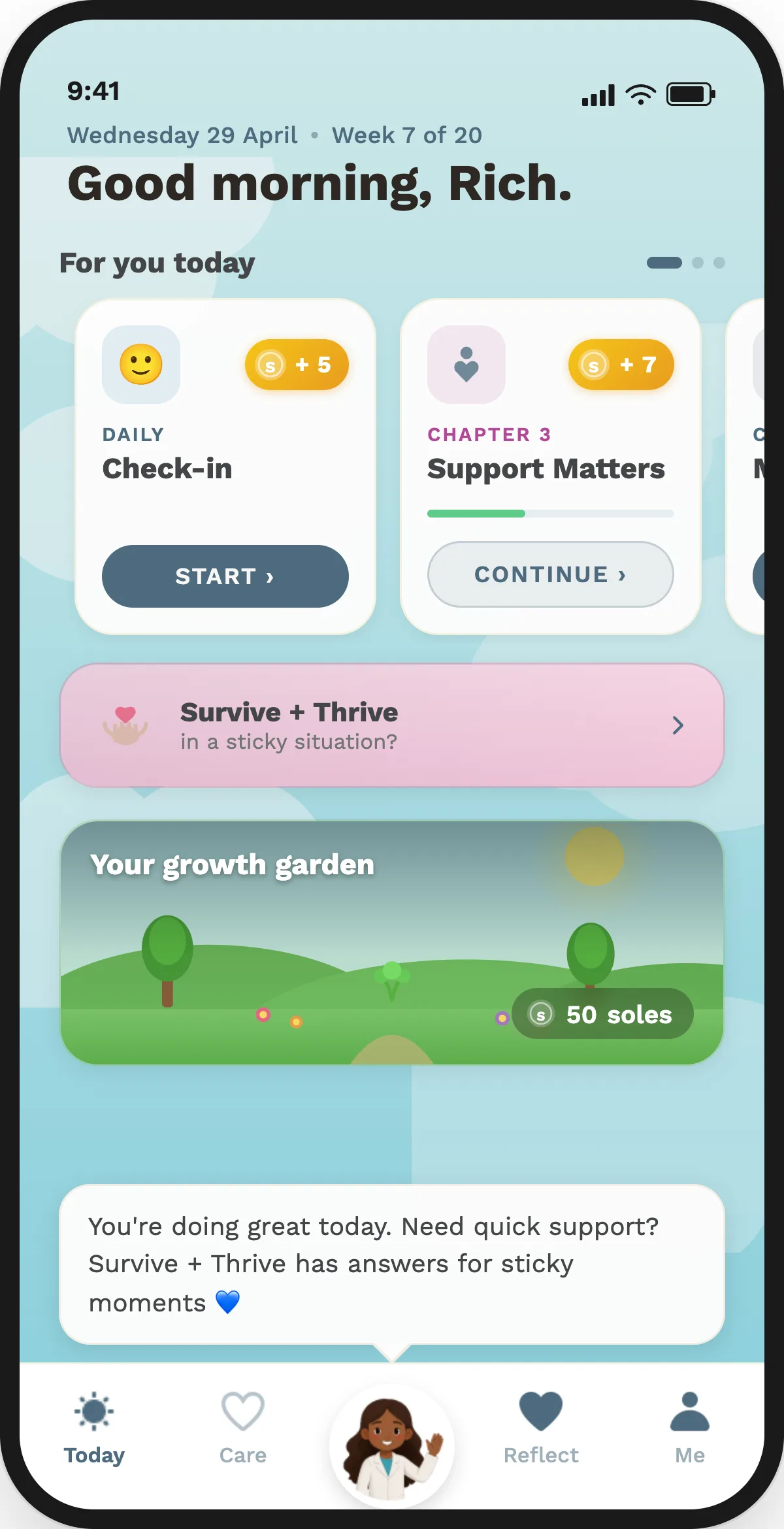 Univa Health, Today screen, early visual style, light blue theme, Good morning Rich, daily check in and chapter cards, growth garden preview, and a Survive and Thrive support banner