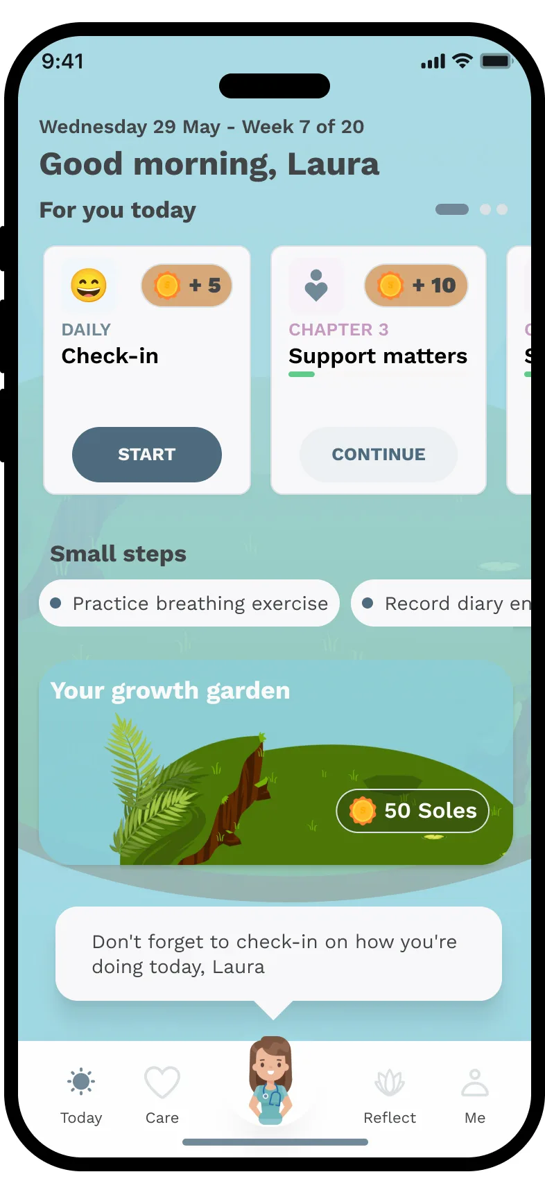 Univa Health, Today screen, refreshed teal theme, Good morning Laura, same card layout