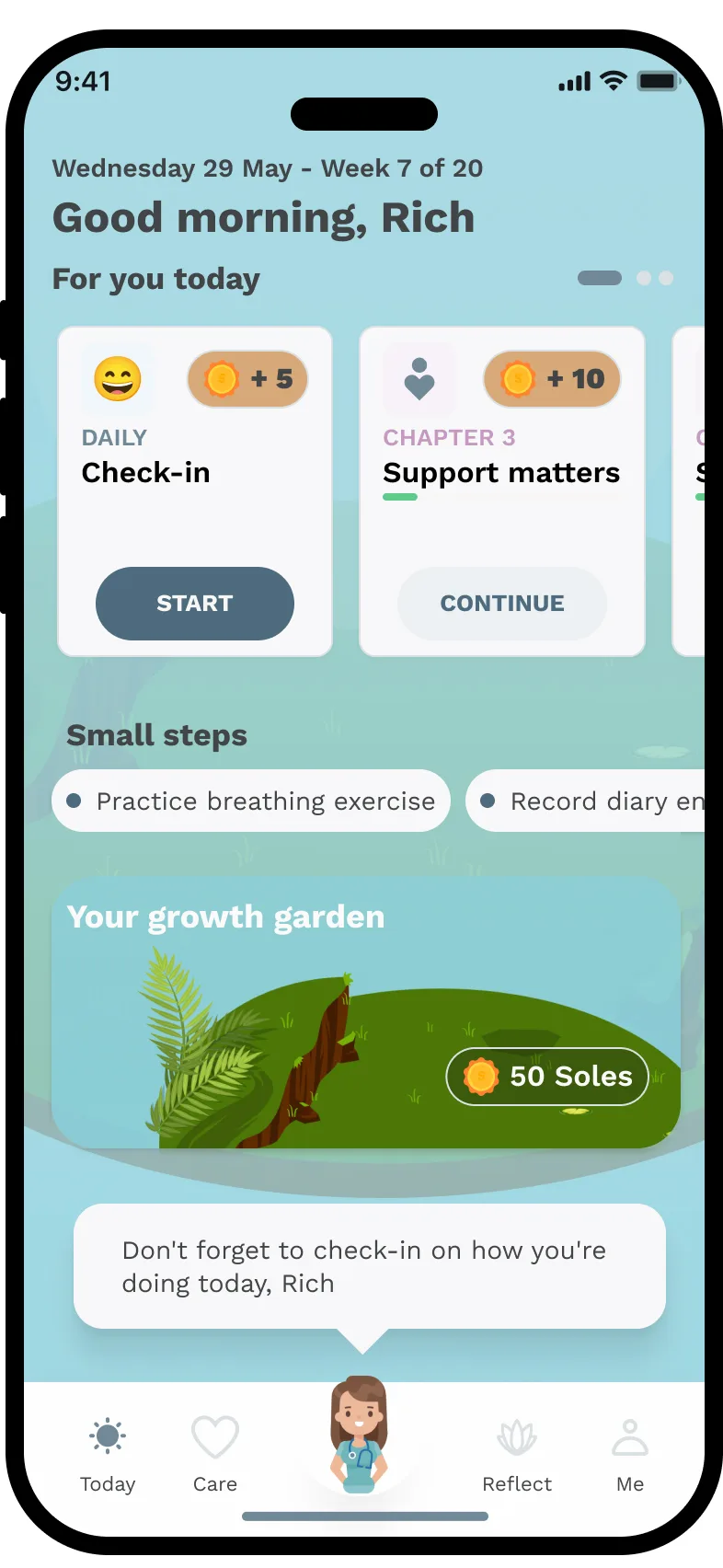 Univa Health, Today screen, Small steps task row added below the daily cards, no tasks completed yet