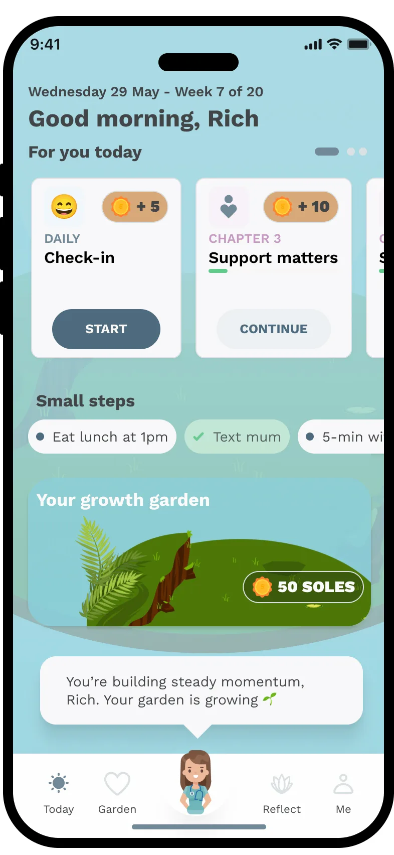 Univa Health, Today screen, Small steps task row with one task marked complete and an updated encouragement message